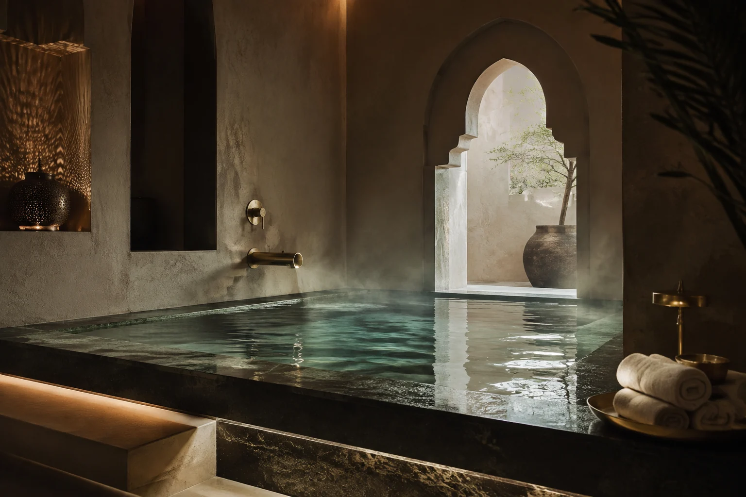 Su ve taşın birlikteliğini anlatan spa tasarımı — konsept görsel